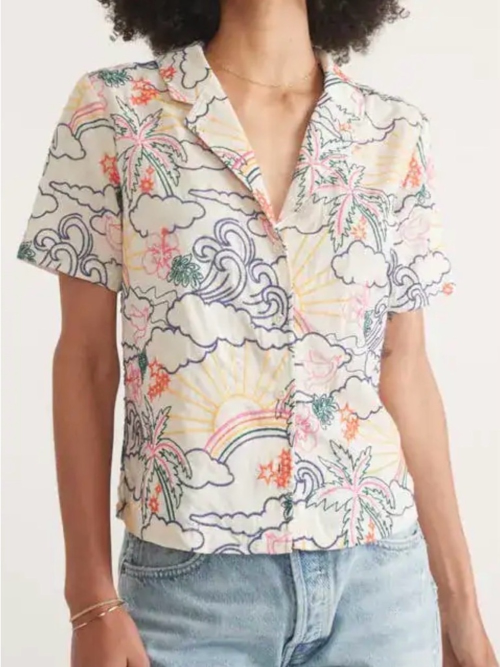 Marine Layer Lucy Embroidered Resort Shirt Medium Lyocell Linen Rainbow Palms